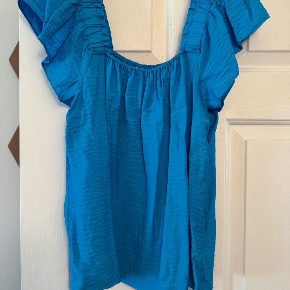 Lilly Pulitzer Blue Ruched Ruffled Blouse - Rayon/Nylon